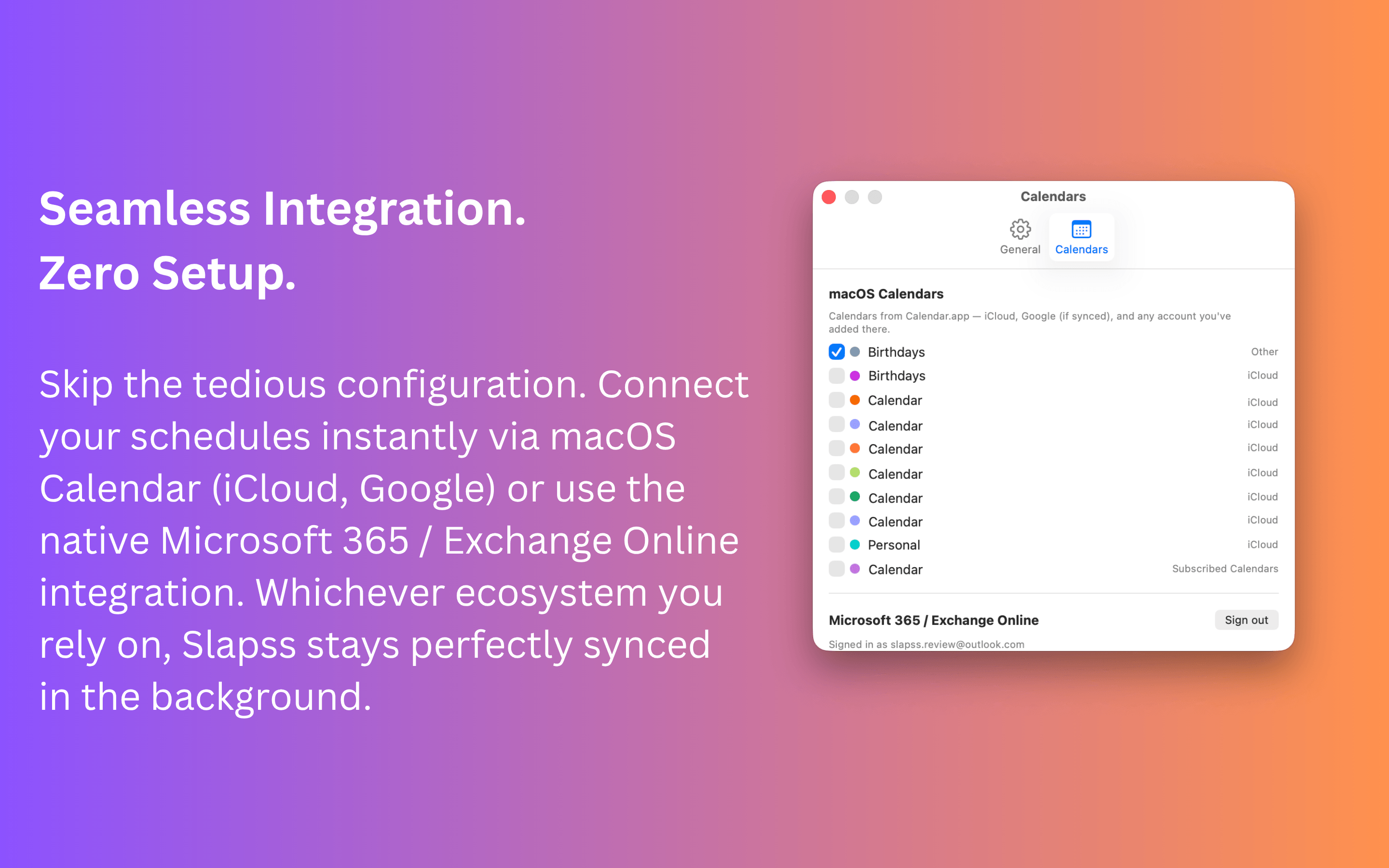 Slapss calendar settings with macOS Calendar and Microsoft 365 / Exchange