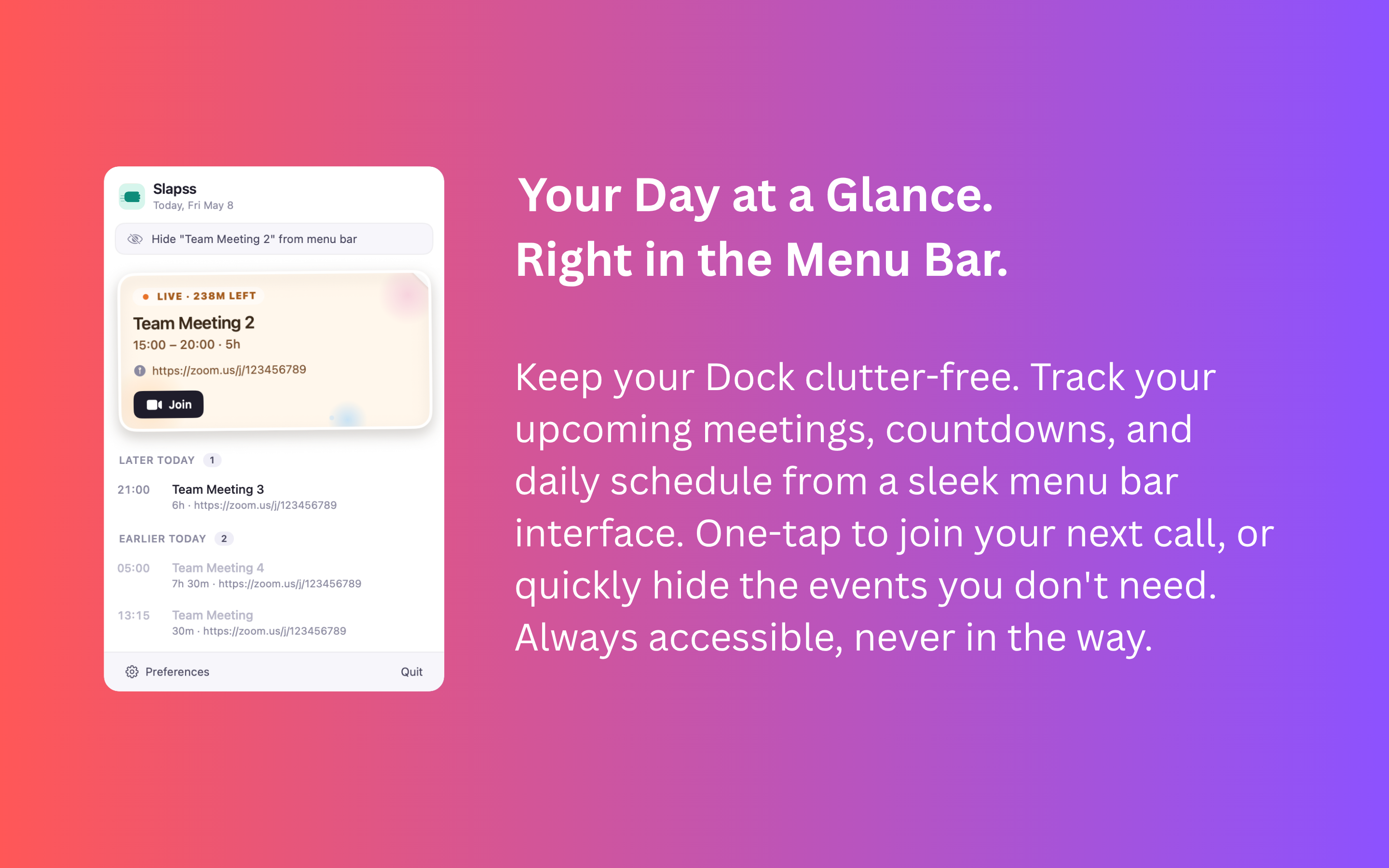 Slapss menu bar popover showing the day's meetings